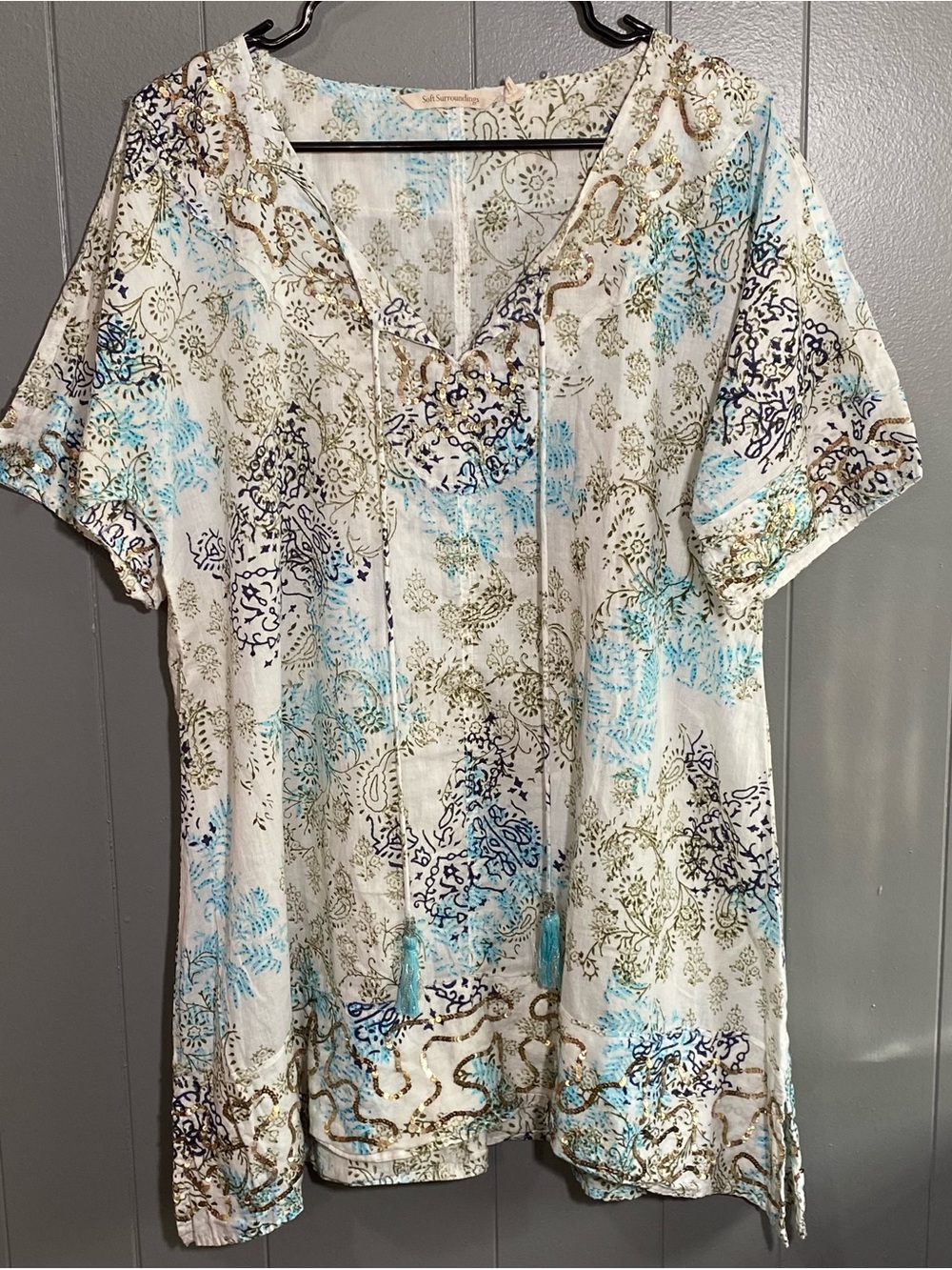 Soft Surroundings Size M White Tunic Top Blue Green Paisley Print Gold Sequins